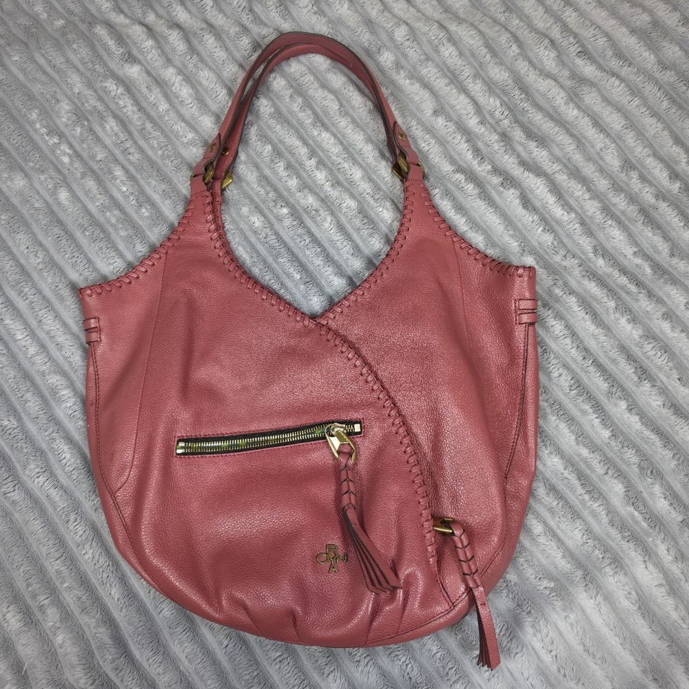 OrYany Designer Leather Hobo Shoulder Bag -Pink with Whipstitch Detail